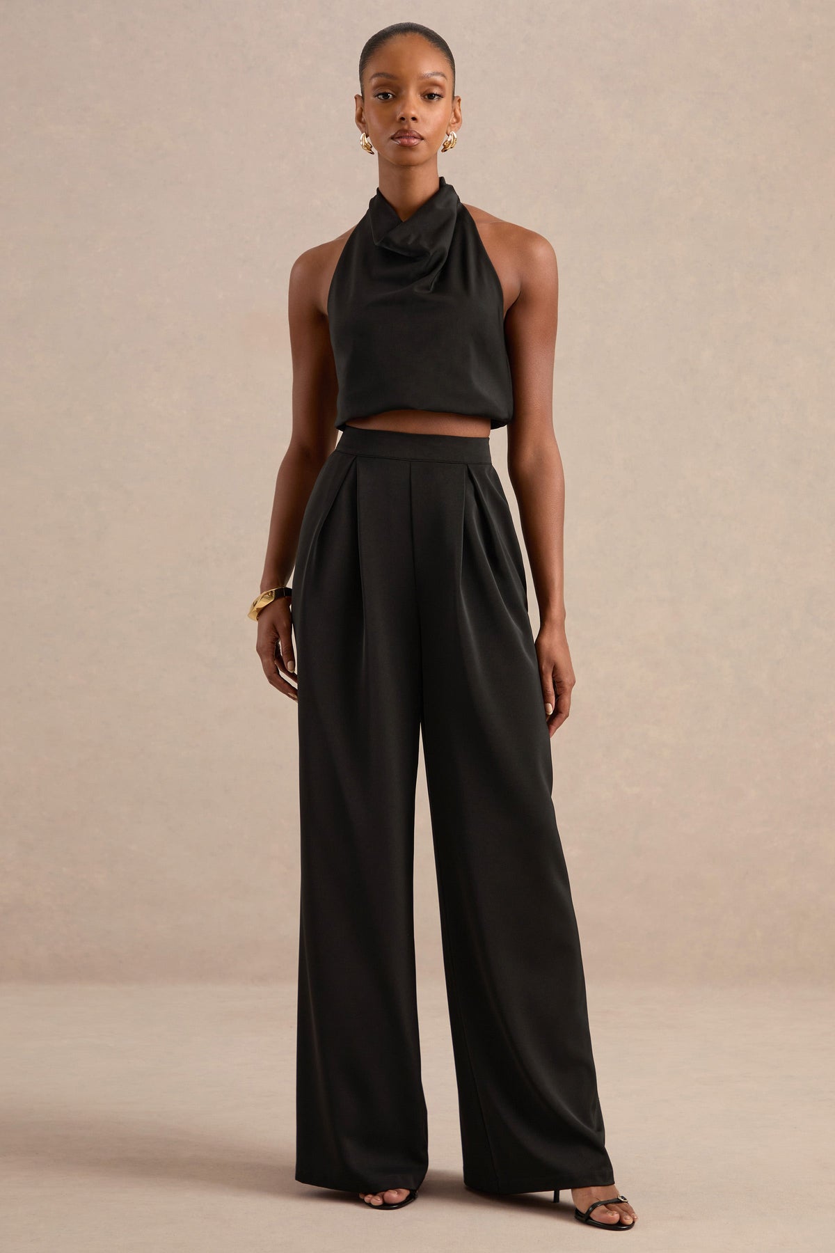 Marne | Pantalones Negros De Satén De Tiro Alto Estilo Sastre