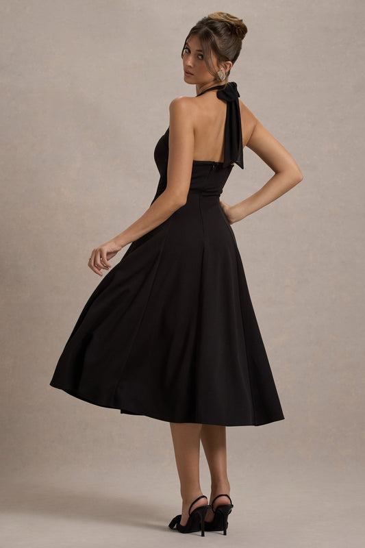 Auburn | Vestido Midi Negro con falda voluminosa y atado al cuello