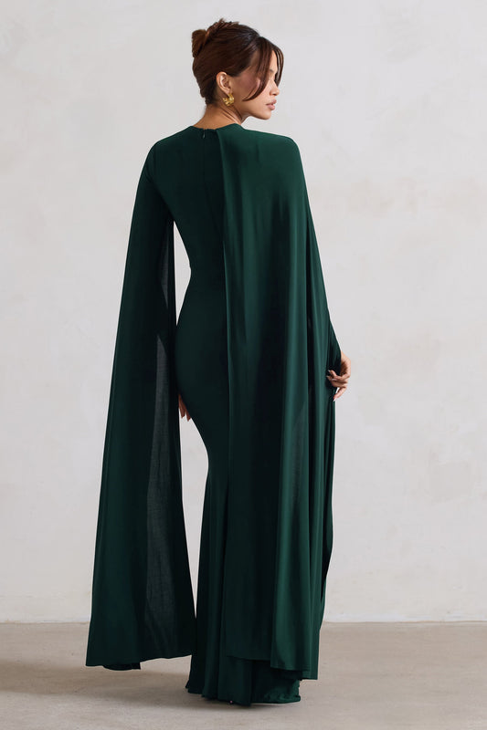 Magdelena | Vestido largo verde botella entallado con capa asimétrica