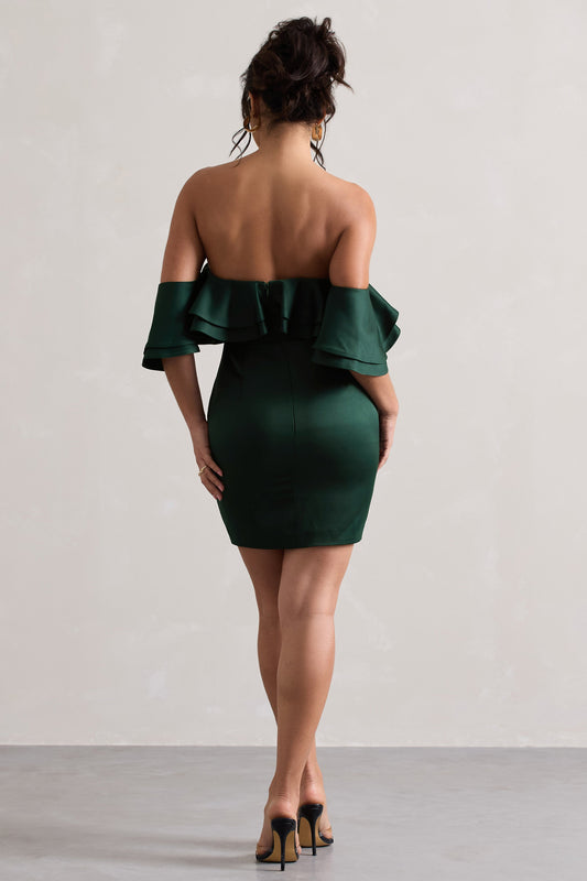 Aspen | Vestido corto Bardot Verde Botella con Volantes