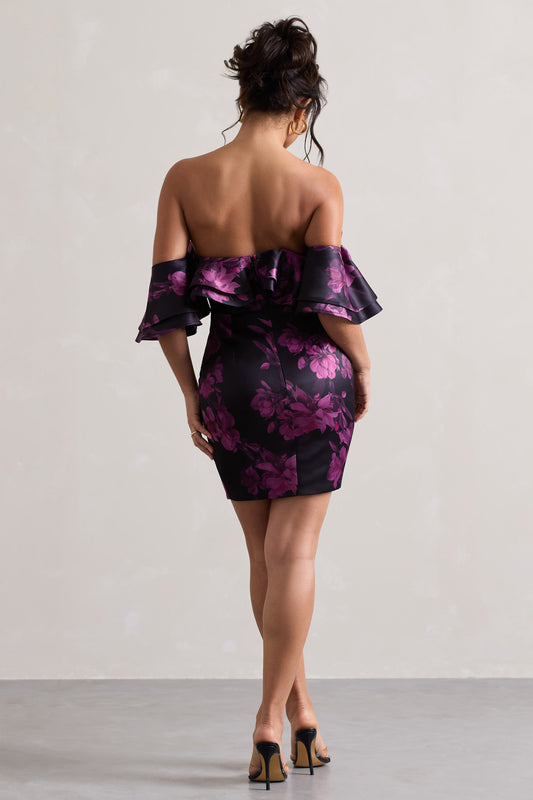 Aspen | Vestido Corto Bardot con Volantes y Estampado Floral Negro