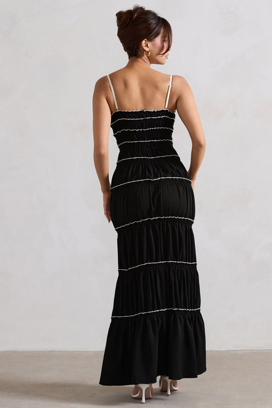 Summer Breeze | Vestido largo fruncido con tiras y capas en negro