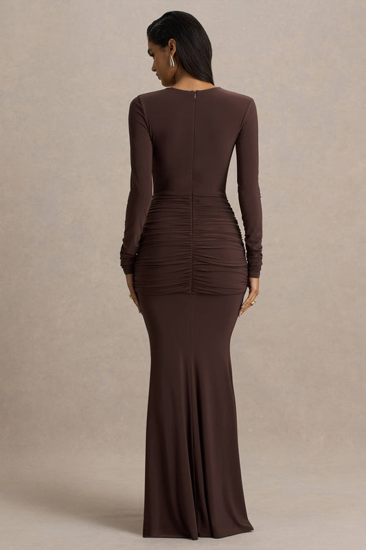 Saffie | Vestido Largo Chocolate De Escote Profundo Con Mangas Largas Y Detalles Fruncidos