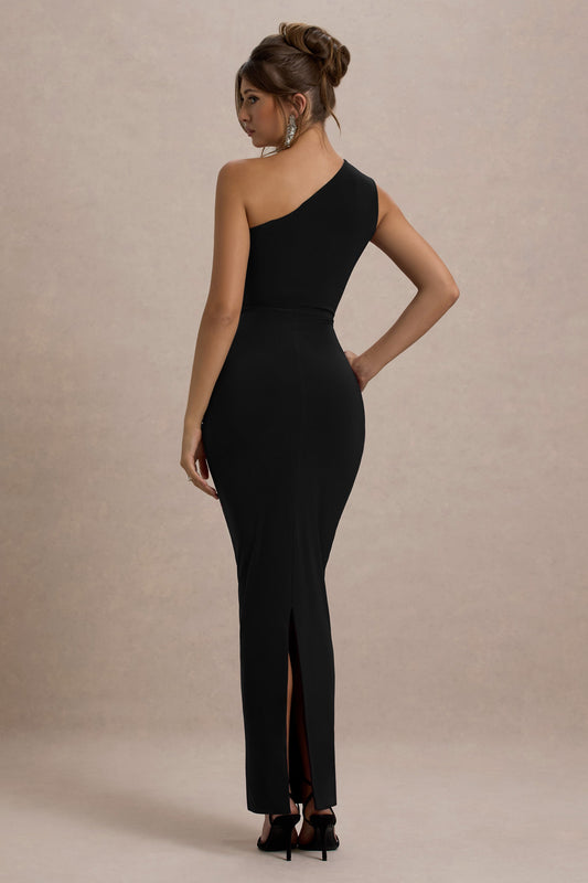 Dalarie | Vestido Largo en negro con fruncido y escote asimétrico