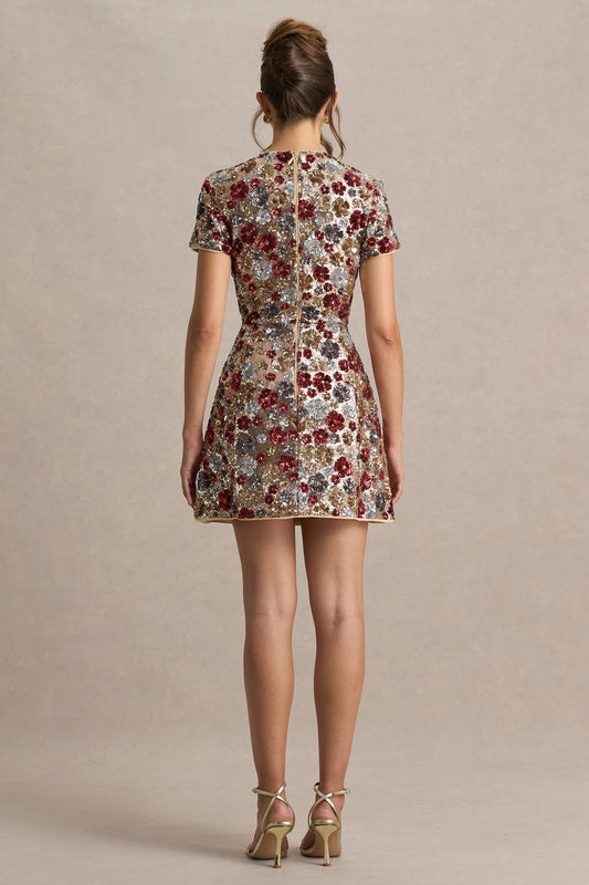 Eira | Vestido corto rojo de lentejuelas con estampado floral y escote redondo