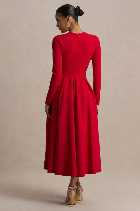 Bellamy | Vestido Midi Rojo con Escote Redondo y Mangas Largas