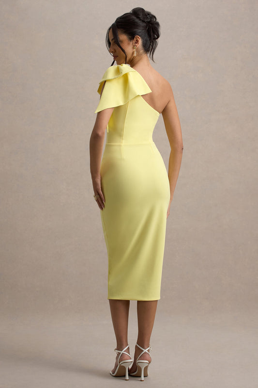 Ambretta | Vestido Midi entallado amarillo con detalle de lazo en el hombro