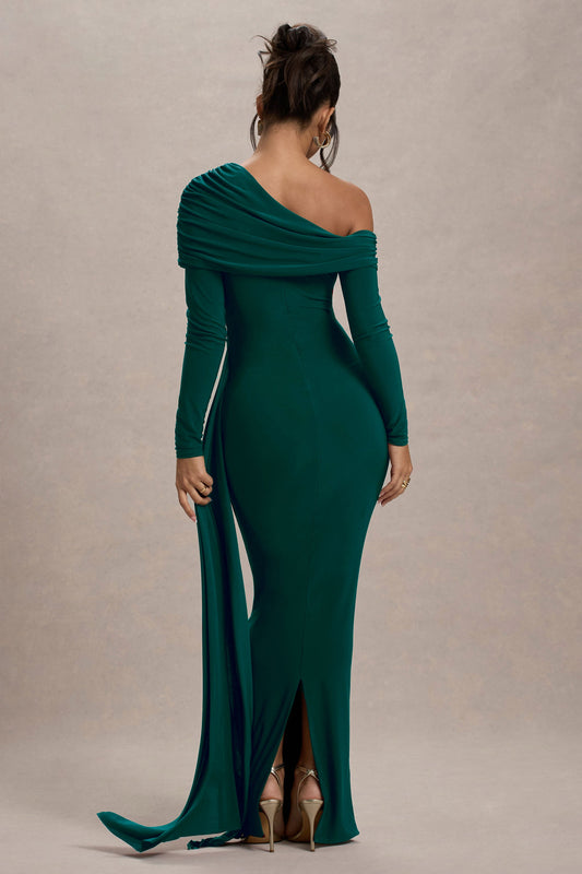 Valina | Vestido largo verde botella con drapeado lateral y mangas largas