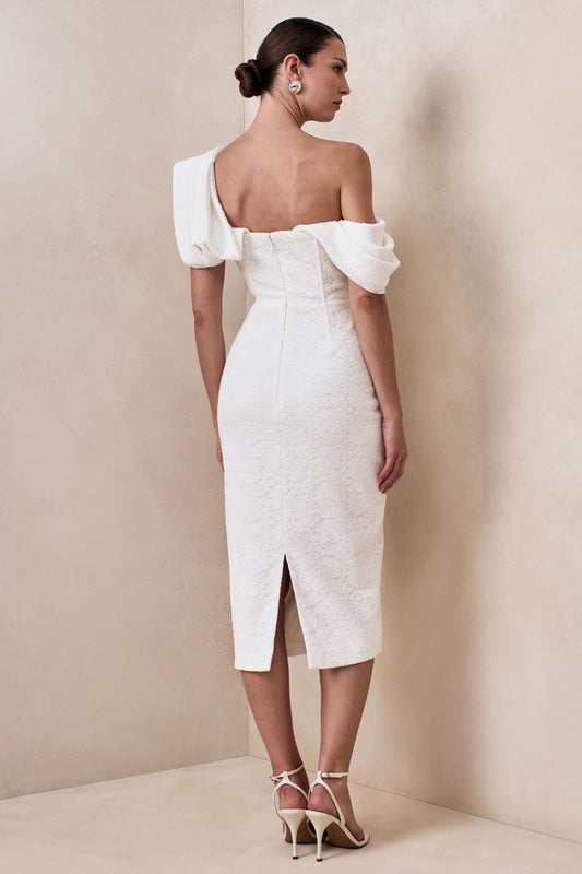 Farvera | Vestido Midi Blanco De Encaje Con Escote Asimétrico Y Detalle Drapeado