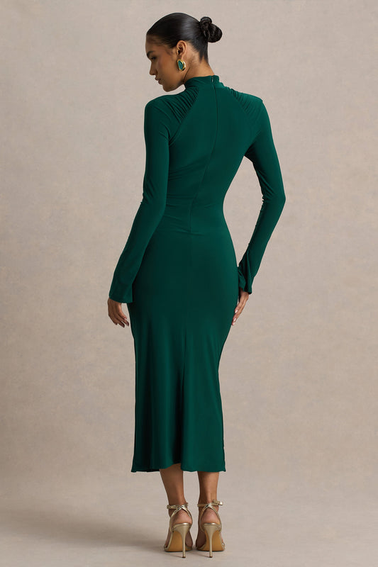 Cassandra | Vestido Midi en Verde Botella de Manga Larga y fruncidos