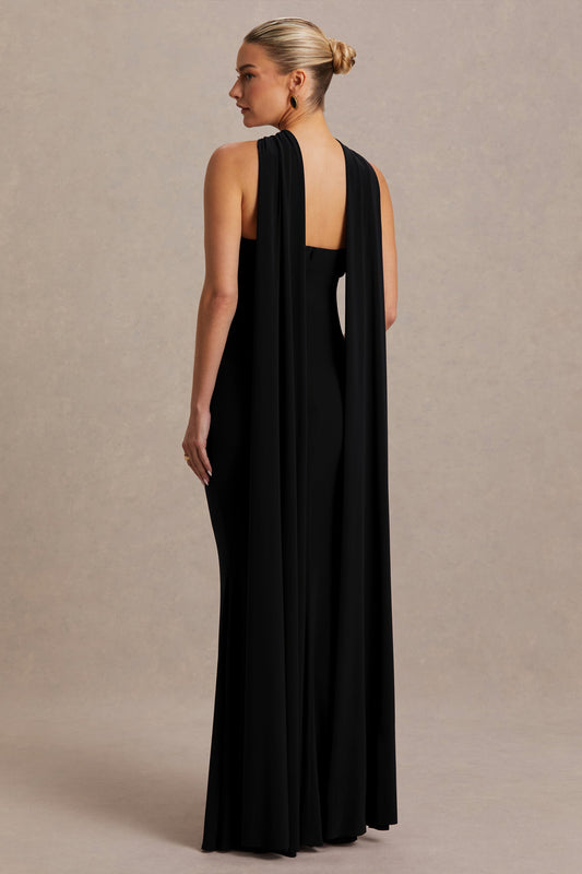 Lyra | Vestido Largo Negro de Cuello Halter Cruzado y Capa