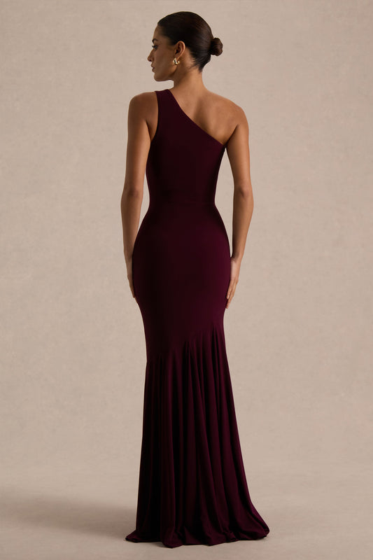 Zya | Vestido largo cola de pez con escote asimétrico en ciruela oscuro