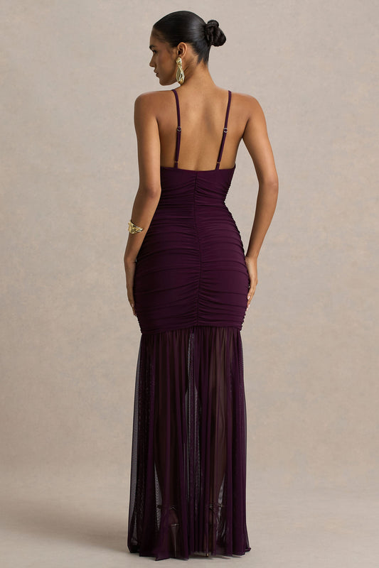 Pasqualina | Vestido largo en Púrpura Ciruela de tirantes y cuerpo fruncido