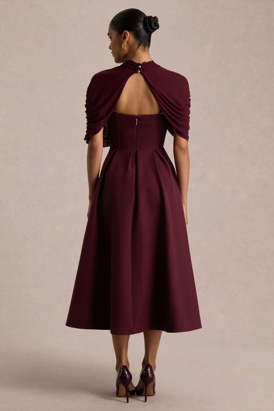Thalia | Vestido midi burdeos con cuello alto y capa de malla transparente
