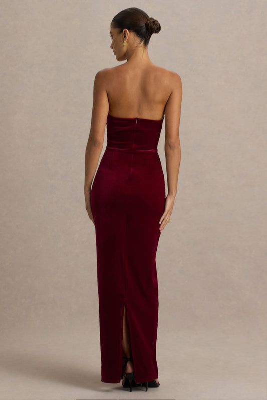 Illusion | Vestido Largo Burdeos De Terciopelo Con Escote Bandeau Y Lazo