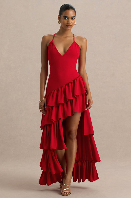 Bogota | Vestido rojo largo con escote pronunciado y detalle de falda con volantes