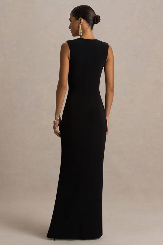 Alena | Vestido Largo Negro con Escote Profundo y Detalle Dorado