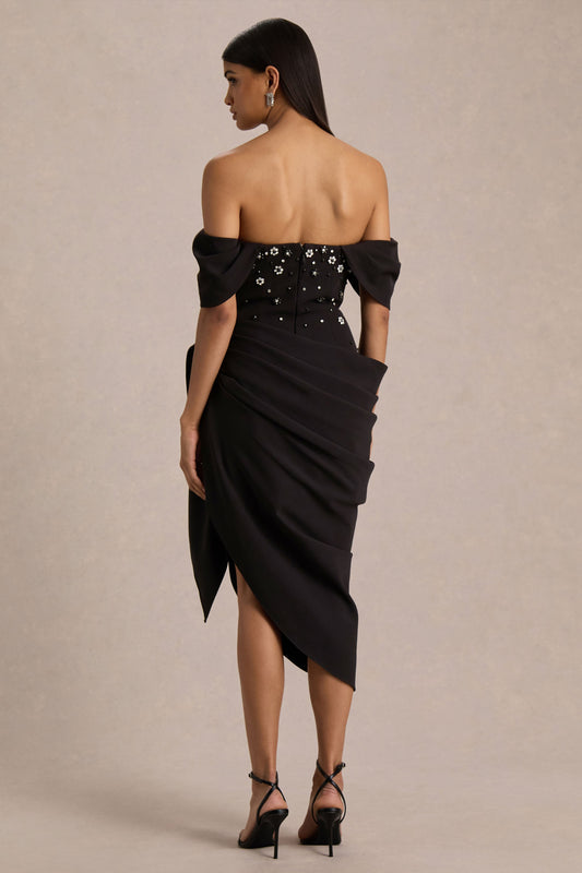 Sylvia | Vestido Midi Negro con Escote Bardot, Bordado y Falda Envolvente Drapeada