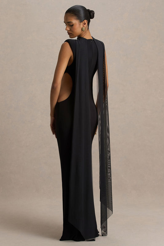 Katara | Vestido Largo Negro de Cuello Alto con Recortes