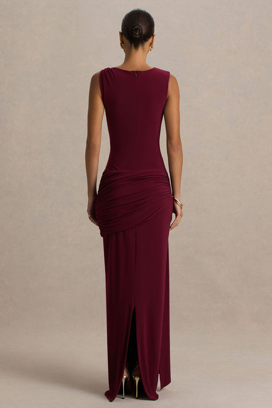 Decadence | Vestido Largo Burdeos de Cuello Alto con Manga Retorcida y Detalle de Lazo