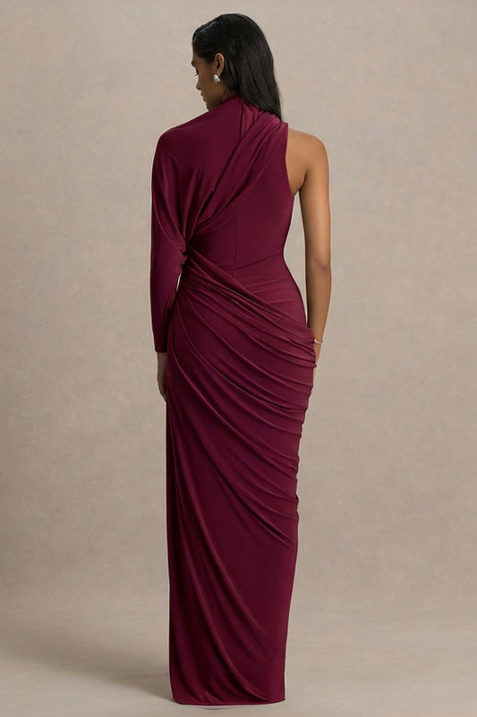 Aphra | Vestido Largo burdeos con escote alto y manga capa