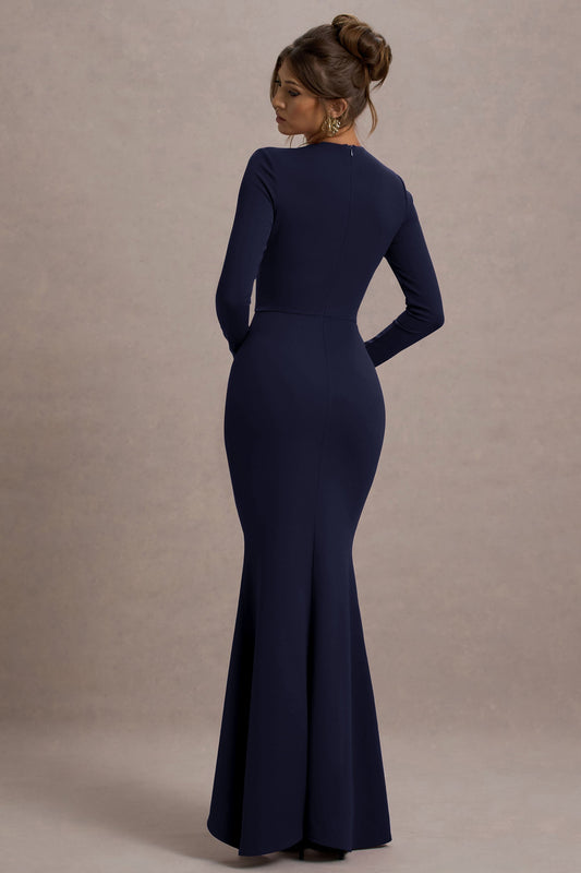 Alayna | Vestido largo ajustado al cuerpo de manga larga con volante lateral en color azul oscuro