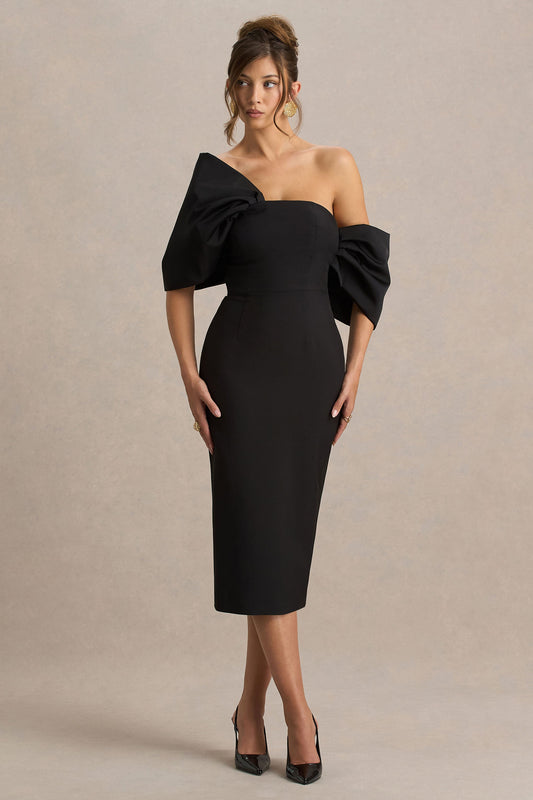 Lucille | Vestido midi negro con escote bardot asimétrico