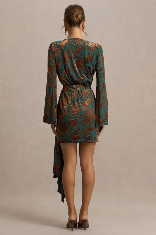 Dimitra | Vestido Corto cruzado de terciopelo devoré en verde oscuro y marrón con escote pronunciado