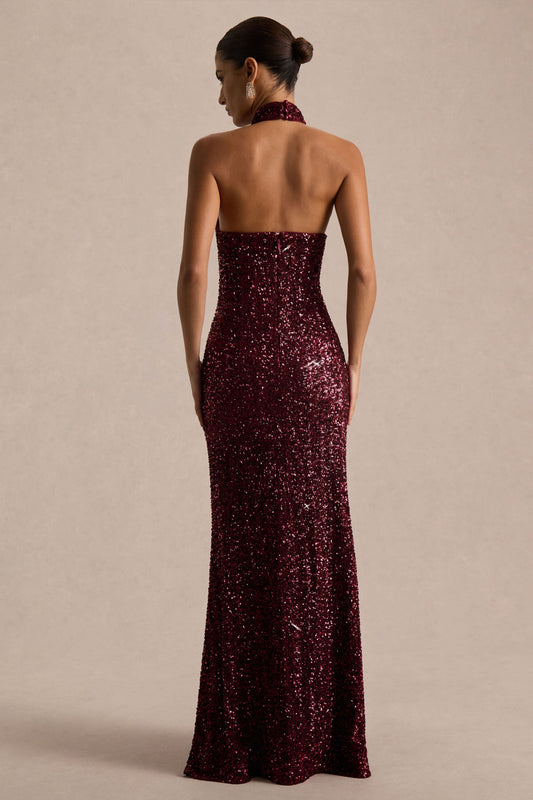 Tulia | Vestido Largo Burdeos de Lentejuelas con Escote Alto