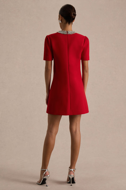 Jackie | Vestido Corto Rojo de Cuello Alto Adornado