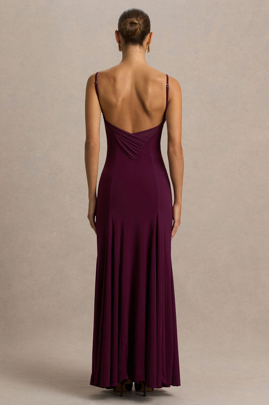 Gabbie | Vestido Largo Burdeos Con Escote Drapeado y Espalda De Malla
