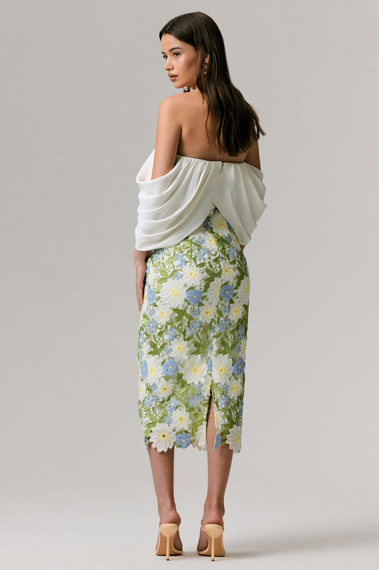 Entitled | Vestido Midi con Estampado Floral Crema y Escote Bardot con Detalles de Encaje