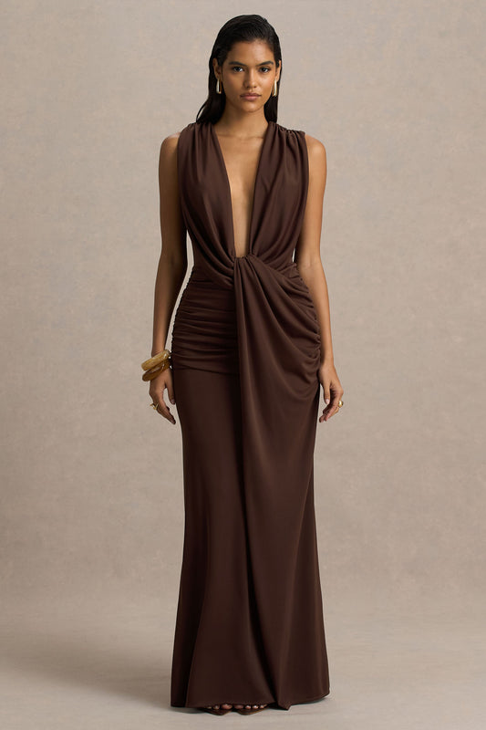 Serafina | Vestido Largo Chocolate De Escote Profundo Extremo con Detalle Wrap y Fruncidos