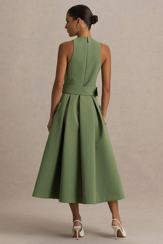 Elisia | Vestido Midi Verde Oliva con Escote Redondo y Cinturón