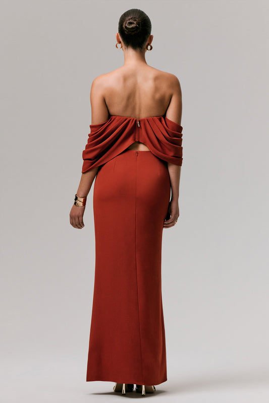 Zelina | Falda larga con detalle drapeado y abertura en color terracota