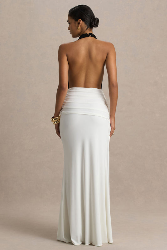Tilly | Vestido Cruzado Largo Negro Y Blanco Con Escote Profundo Extremo Y Detalles Fruncidos