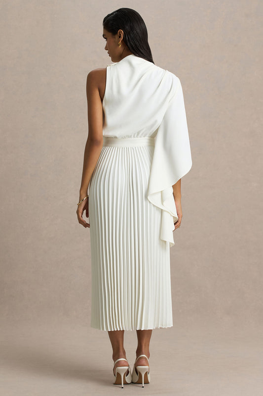 Jimena | Vestido Midi En Color Crema De Manga Larga con Cuello Alto y Detalles Plisados