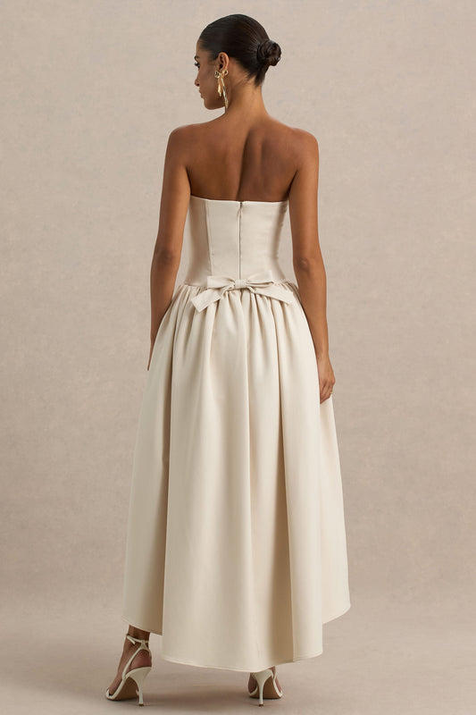 Candice | Vestido Midi en Crema con Escote Bandeau y Lazo en la Espalda