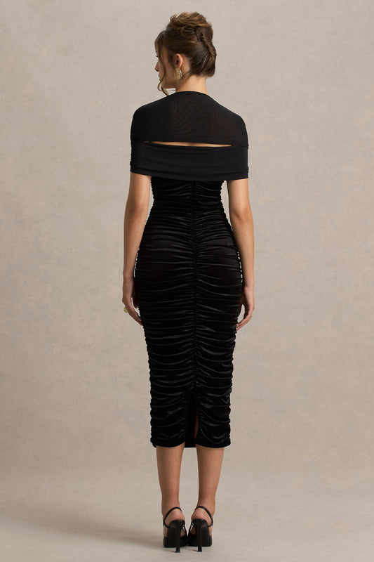 Chrissy | Vestido Midi de Terciopelo Negro con Escote Cuadrado Mangas de Malla y Detalles Fruncidos