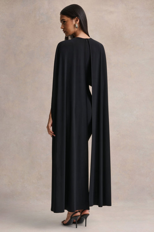 Kalani | Vestido Midi Negro con Cuello Redondo y Mangas Tipo Capa