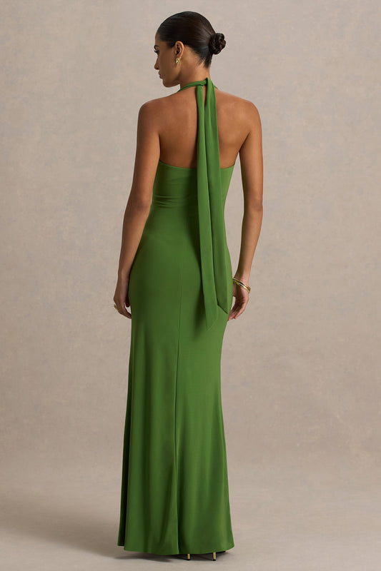 Hera | Vestido Largo Verde con Escote profundo y detalles plisado