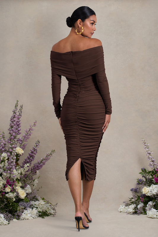 Davina | Vestido Midi de Maternidad Marrón con Escote Bardot y Fruncidos