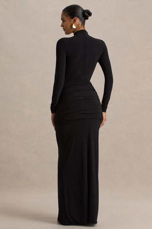Alula | Vestido Largo Negro con Escote Alto y Detalle de Nudo