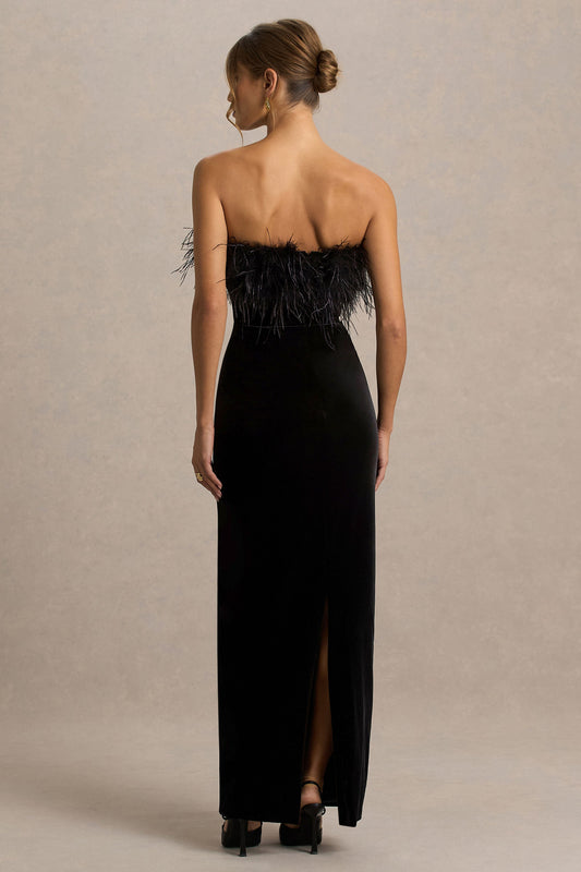 Arella | Vestido Largo de terciopelo negro con escote bandeau y ribete de plumas