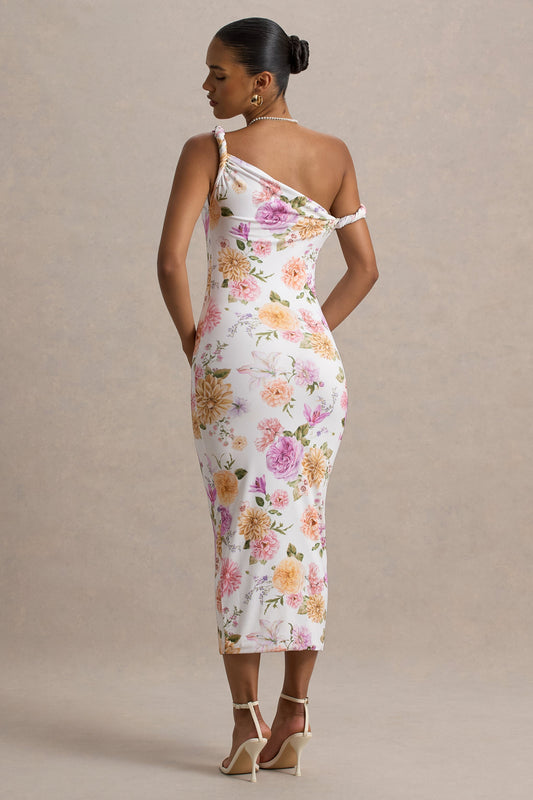Nora | Vestido midi ajustado con escote asimétrico con detalle torcido con estampado floral