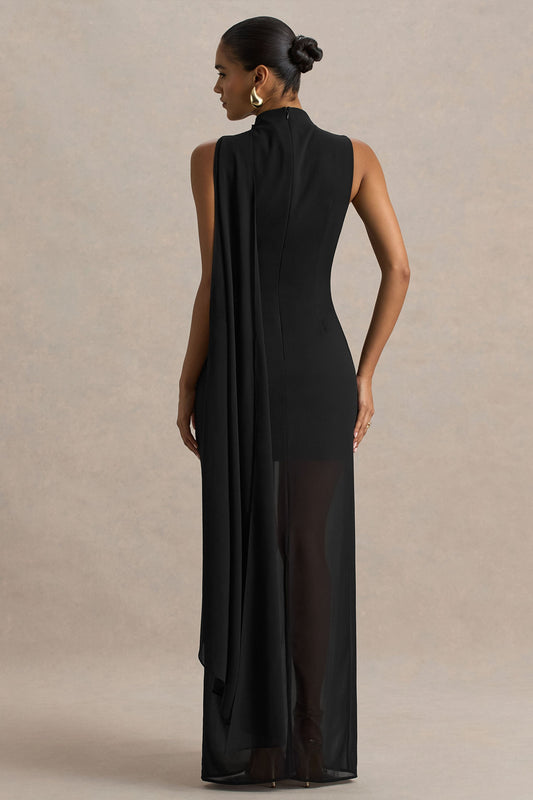 Unpredictable | Vestido Largo Negro con Escote Alto y Detalle de Capa en la Espalda