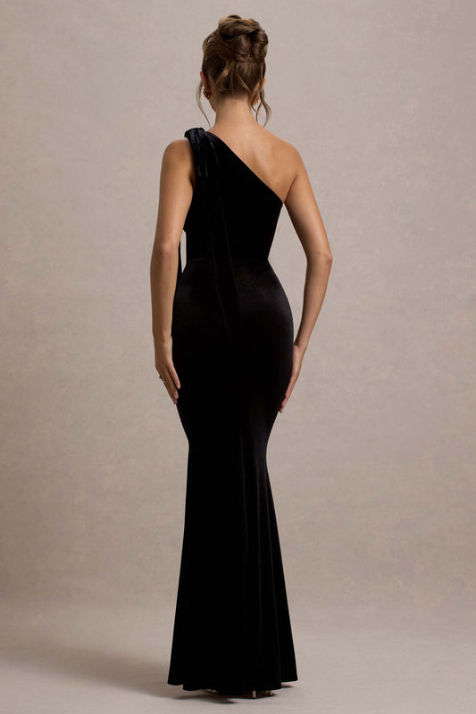 Jillian | Vestido largo Asimétrico de Terciopelo Negro con Tirante de Lazo