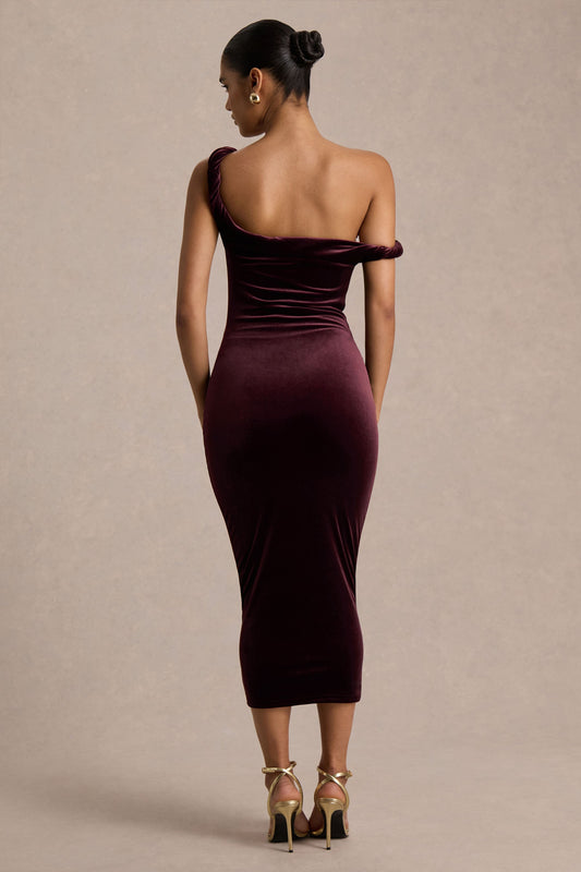 Carella | Vestido Midi Asimétrico de Terciopelo Burdeos con Detalle Retorcido