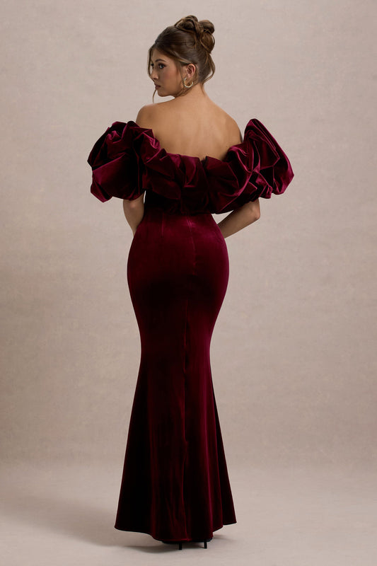 Cecily | Vestido largo de Terciopelo Rojo con Escote Bardot y Detalle de Terciopelo con volantes