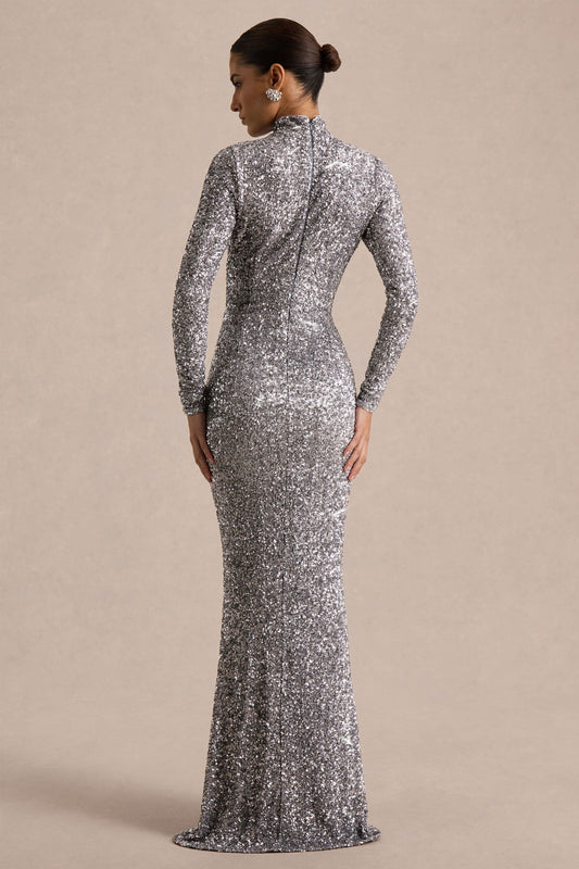 Galaxy | Vestido Largo Plateado de Lentejuelas con Cuello Cisne y Mangas Largas